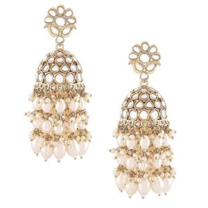 Pearls Gold Tone Kundan & Cluster Pearl Drop Traditional Jhumka Earring For Women-ZPFK16735